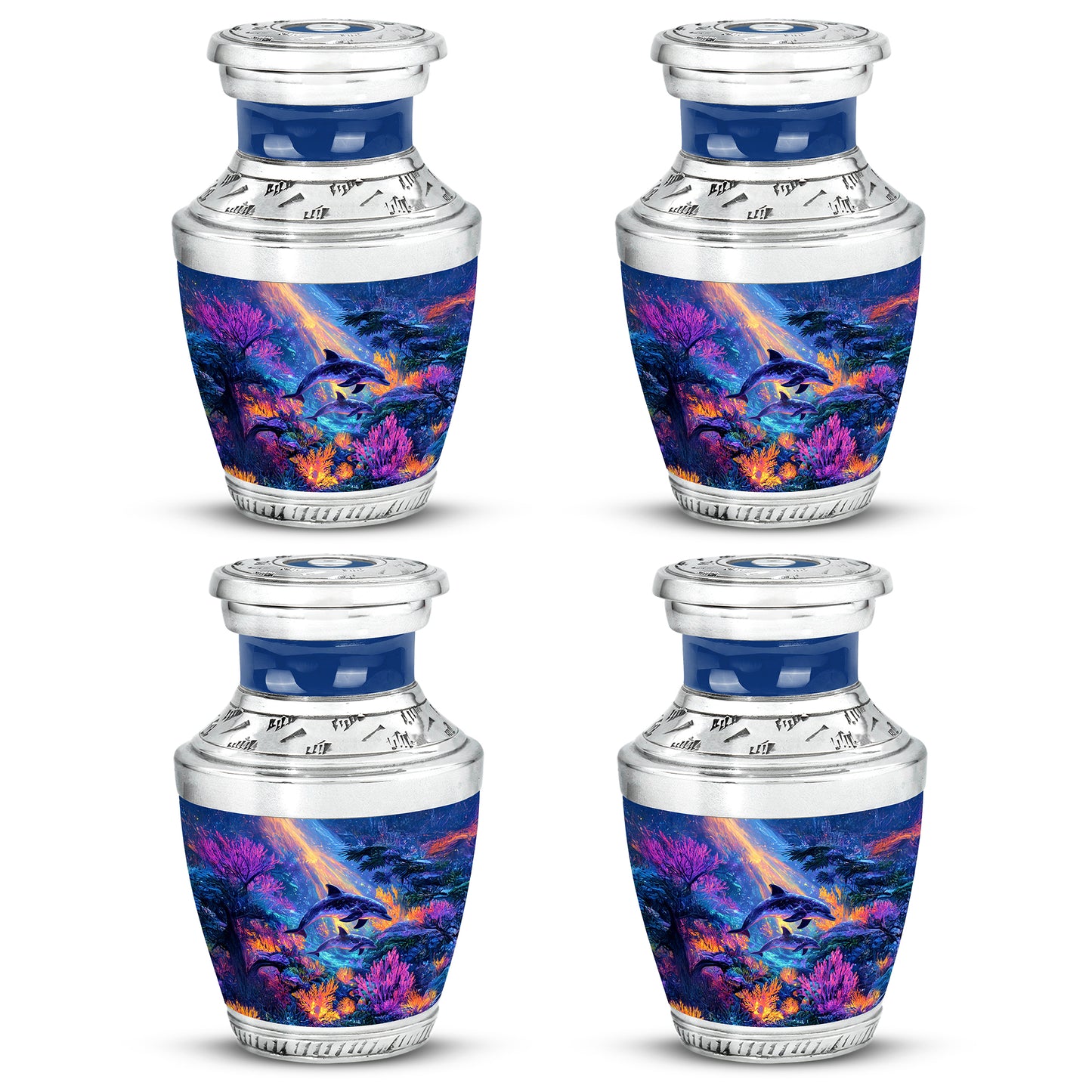 Powder Blue Dolphin Cremation Urn back view with polished surface - contemporary dolphin design with modern artistic flair - 10 inch aluminum urn for cremated remains