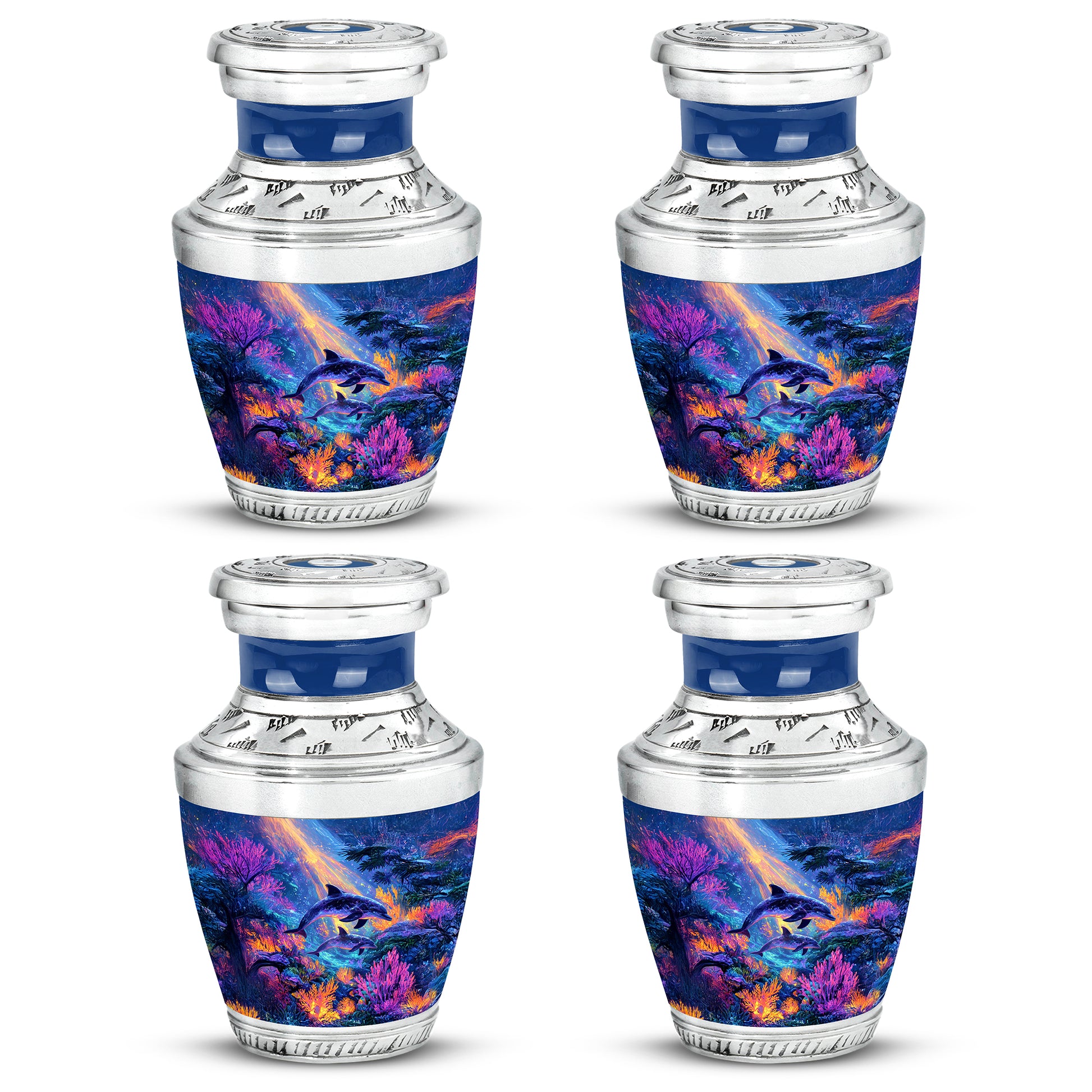 Powder Blue Dolphin Cremation Urn back view with polished surface - contemporary dolphin design with modern artistic flair - 10 inch aluminum urn for cremated remains
