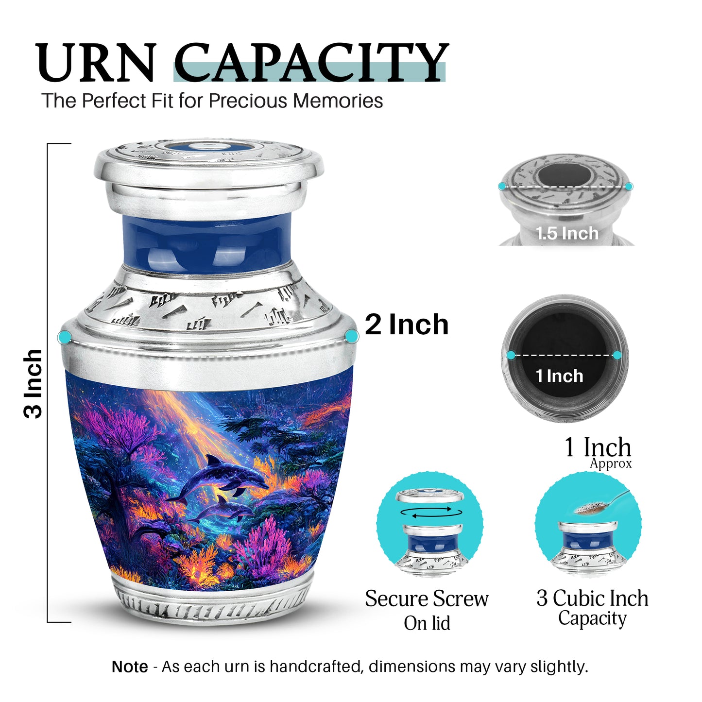 Soft Blue Dolphin Cremation Urn top-down view of secure threaded lid - stylized abstract dolphin pattern with bold lines - mini keepsake memorial for portion of cremation ashes