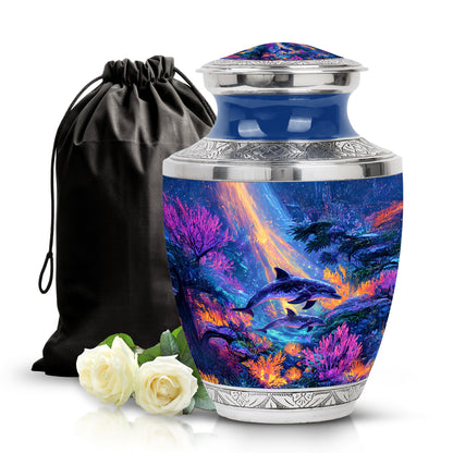 Cobalt Blue Dolphin Cremation Urn side profile showing urn shape - artistic dolphin interpretation with creative detail - full-size 10 inch 200 cubic inch adult cremation urn