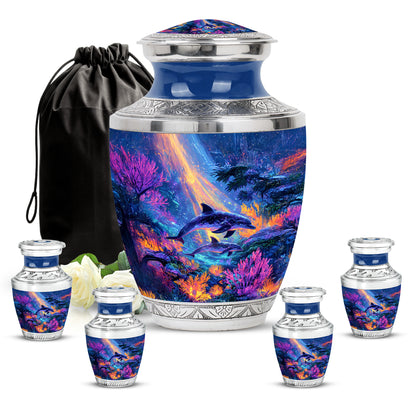 Bright Blue Dolphin Cremation Urn lifestyle display on memorial shelf - artistic dolphin interpretation with creative detail - memorial set with one large and four small urns