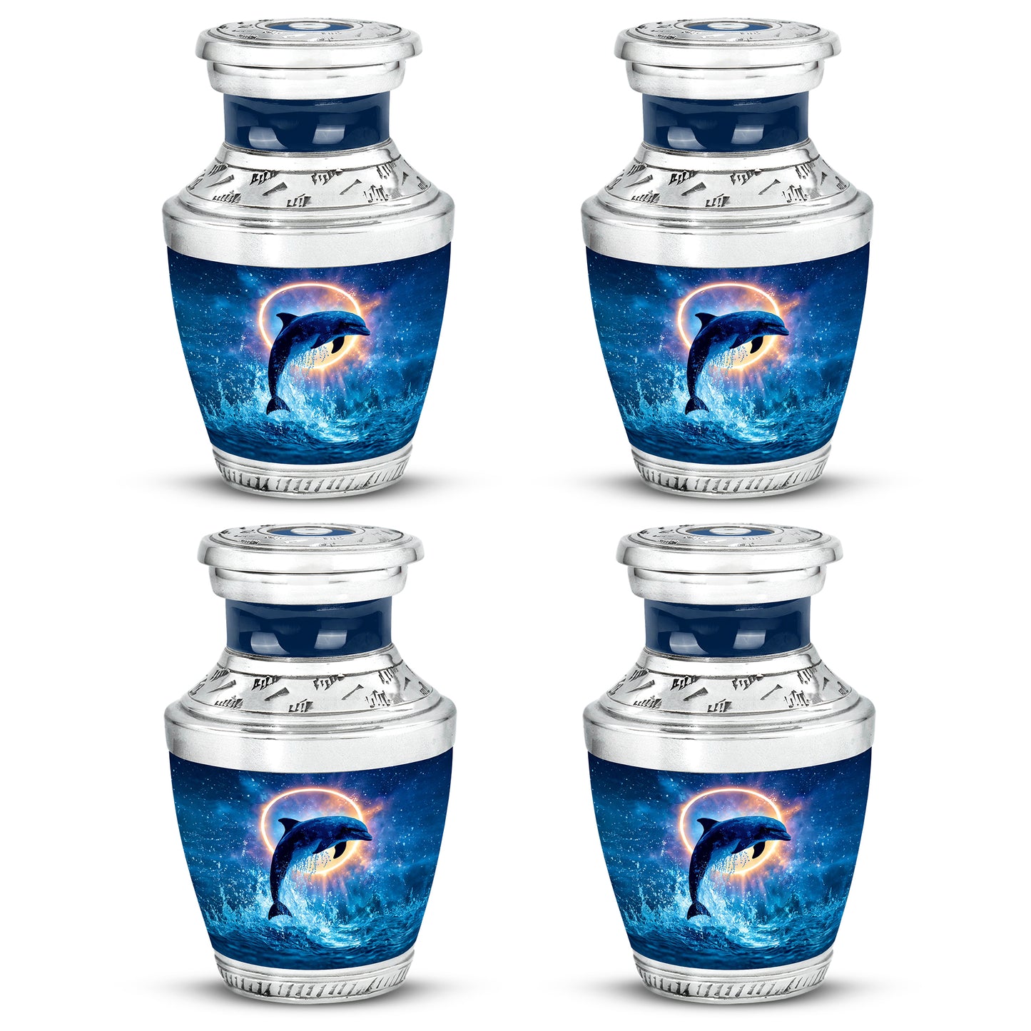 Bright Blue Dolphin Cremation Urn back view with polished surface - stylized abstract dolphin pattern with bold lines - 10 inch aluminum urn for cremated remains