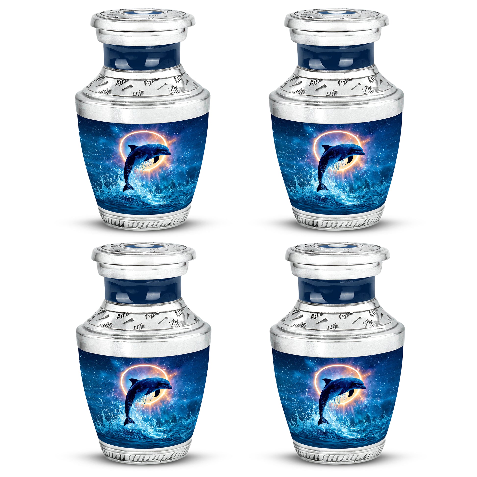 Bright Blue Dolphin Cremation Urn back view with polished surface - stylized abstract dolphin pattern with bold lines - 10 inch aluminum urn for cremated remains