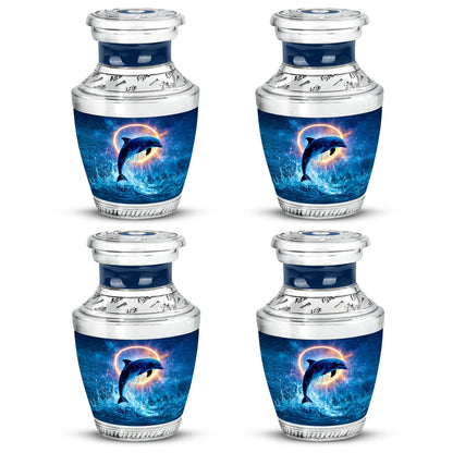 Bright Blue Dolphin Cremation Urn back view with polished surface - stylized abstract dolphin pattern with bold lines - 10 inch aluminum urn for cremated remains