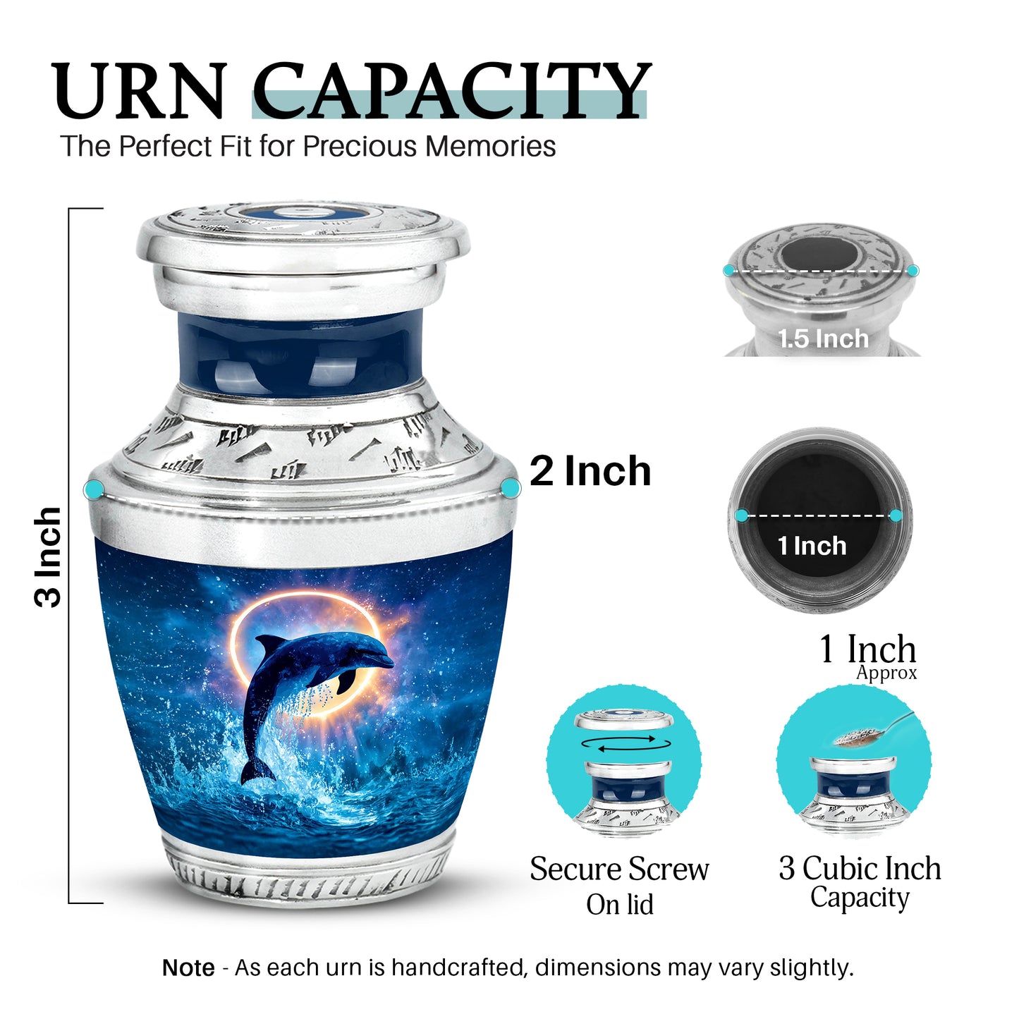 Pastel Blue Dolphin Cremation Urn top-down view of secure threaded lid - modern art-inspired dolphin motif on sleek aluminum - mini keepsake memorial for portion of cremation ashes