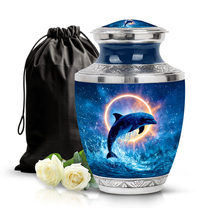 Soft Blue Dolphin Cremation Urn side profile showing urn shape - artistic dolphin interpretation with creative detail - full-size 10 inch 200 cubic inch adult cremation urn
