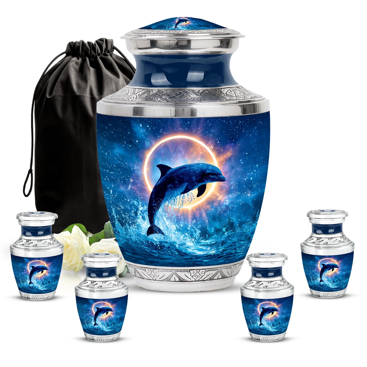Powder Blue Dolphin Cremation Urn lifestyle display on memorial shelf - modern art-inspired dolphin motif on sleek aluminum - memorial set with one large and four small urns