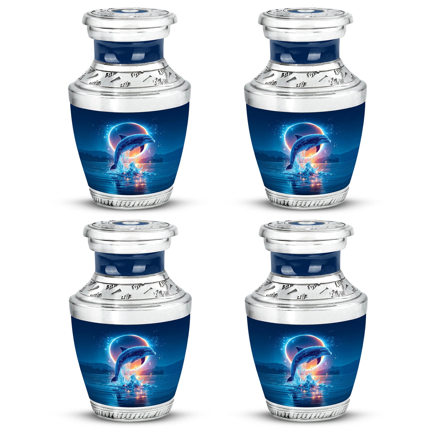 Twilight Blue Dolphin Cremation Urn back view with polished surface - artistic dolphin interpretation with creative detail - 10 inch aluminum urn for cremated remains