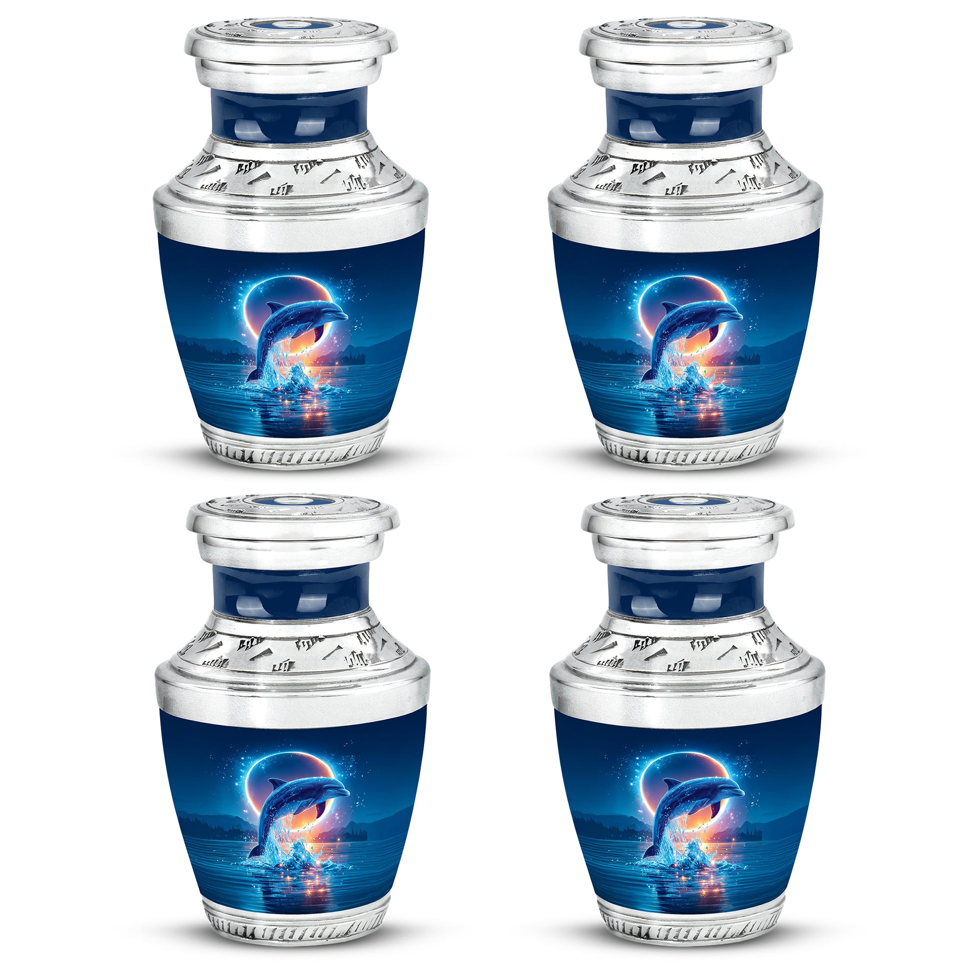 Twilight Blue Dolphin Cremation Urn back view with polished surface - artistic dolphin interpretation with creative detail - 10 inch aluminum urn for cremated remains