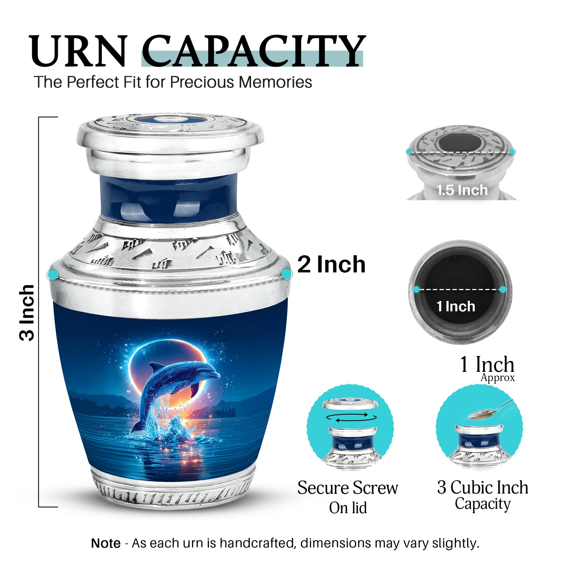 Slate Blue Dolphin Cremation Urn top-down view of secure threaded lid - modern art-inspired dolphin motif on sleek aluminum - mini keepsake memorial for portion of cremation ashes