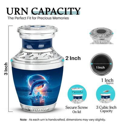 Slate Blue Dolphin Cremation Urn top-down view of secure threaded lid - modern art-inspired dolphin motif on sleek aluminum - mini keepsake memorial for portion of cremation ashes