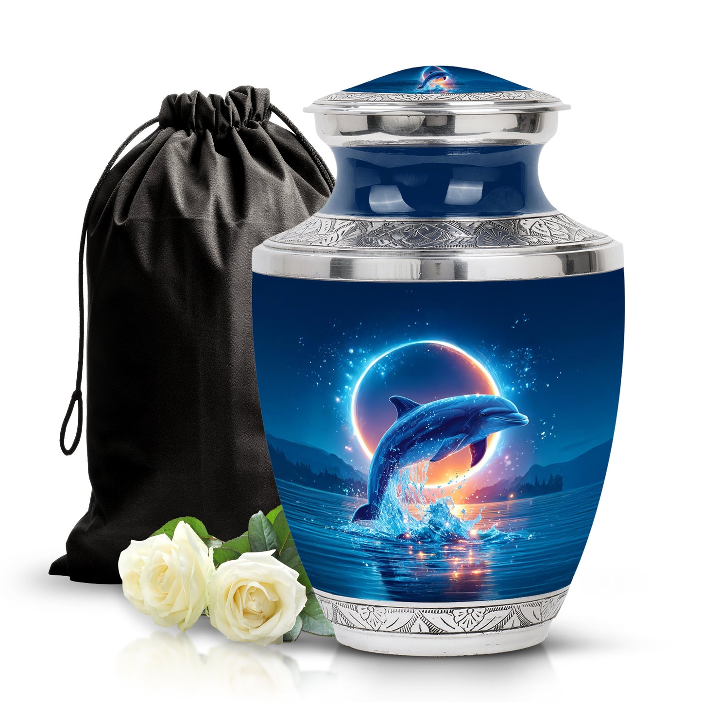 Misty Blue Dolphin Cremation Urn side profile showing urn shape - modern art-inspired dolphin motif on sleek aluminum - full-size 10 inch 200 cubic inch adult cremation urn