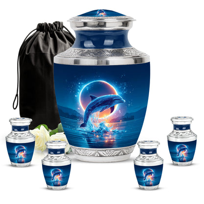 Misty Blue Dolphin Cremation Urn lifestyle display on memorial shelf - contemporary dolphin design with modern artistic flair - memorial set with one large and four small urns