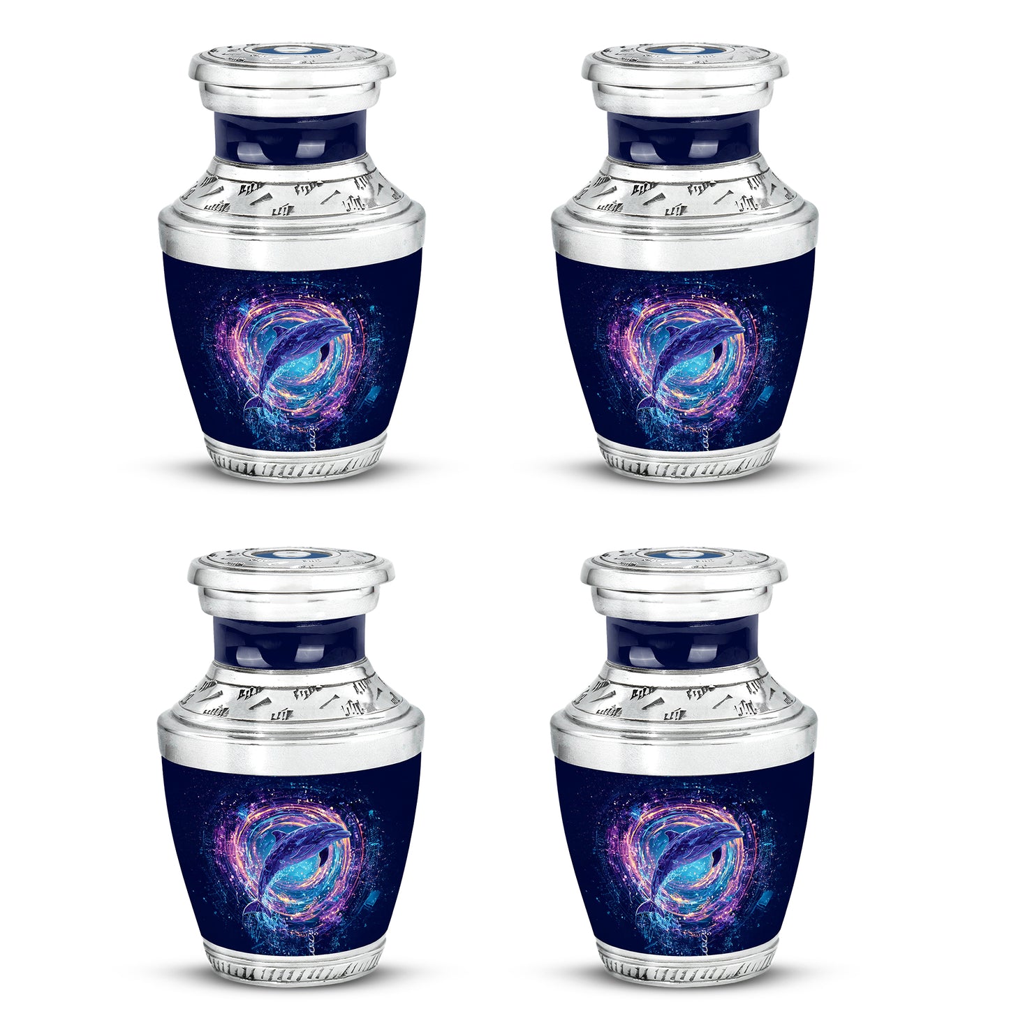 Pastel Blue Dolphin Cremation Urn back view with polished surface - contemporary dolphin design with modern artistic flair - 10 inch aluminum urn for cremated remains