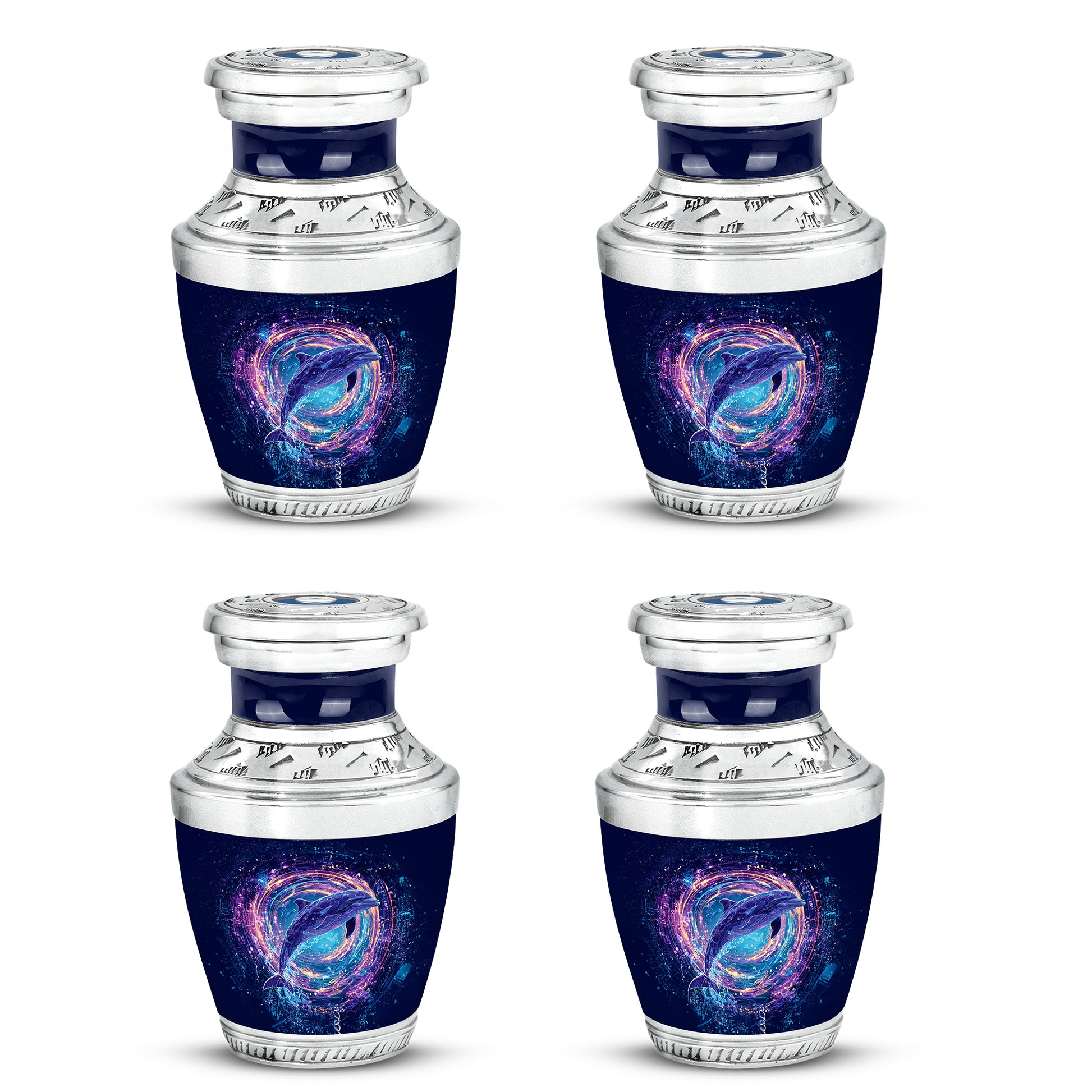 Pastel Blue Dolphin Cremation Urn back view with polished surface - contemporary dolphin design with modern artistic flair - 10 inch aluminum urn for cremated remains