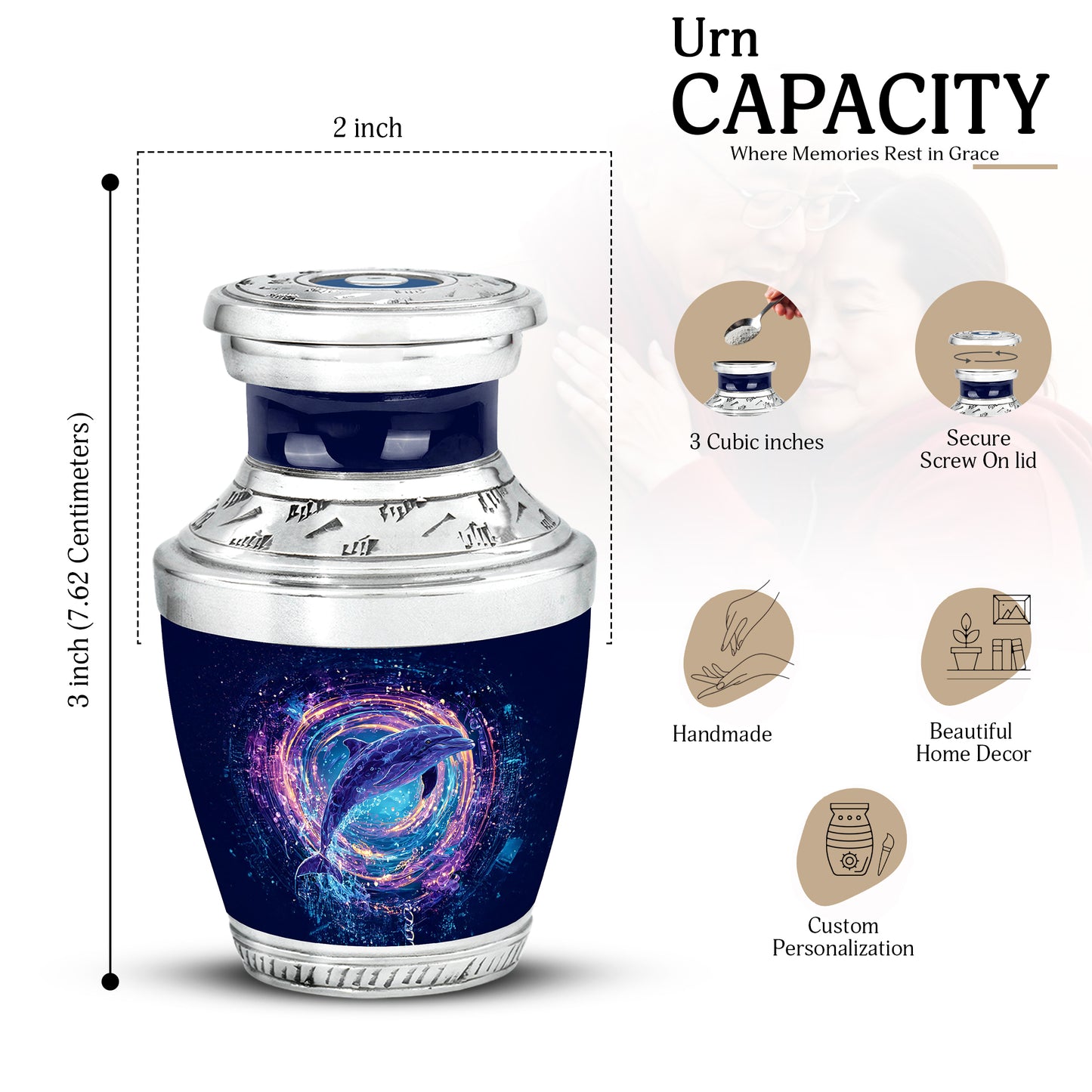 Twilight Blue Dolphin Cremation Urn top-down view of secure threaded lid - artistic dolphin interpretation with creative detail - mini keepsake memorial for portion of cremation ashes