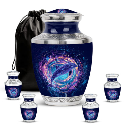 Navy Blue Dolphin Cremation Urn lifestyle display on memorial shelf - modern art-inspired dolphin motif on sleek aluminum - memorial set with one large and four small urns
