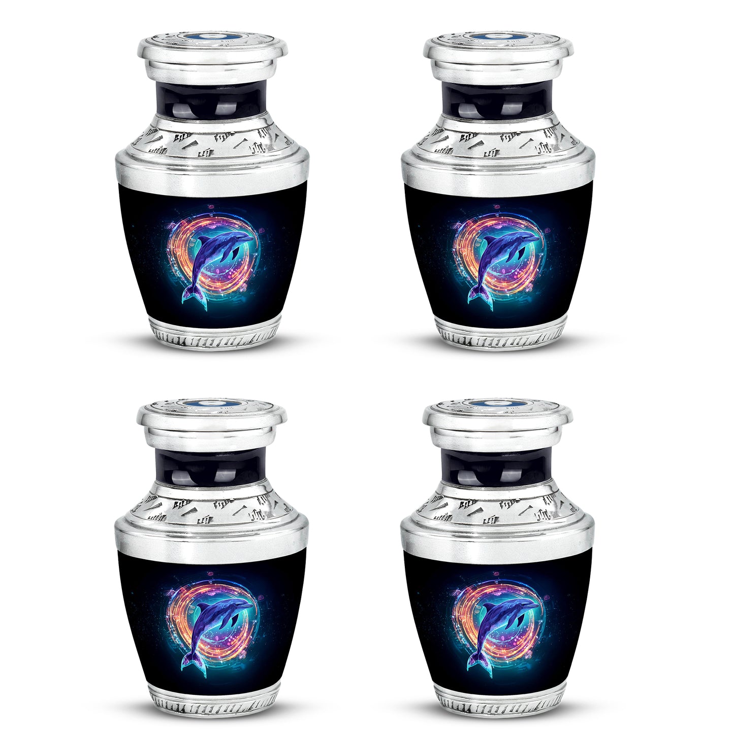 Charcoal Black Dolphin Cremation Urn back view with polished surface - artistic dolphin interpretation with creative detail - 10 inch aluminum urn for cremated remains