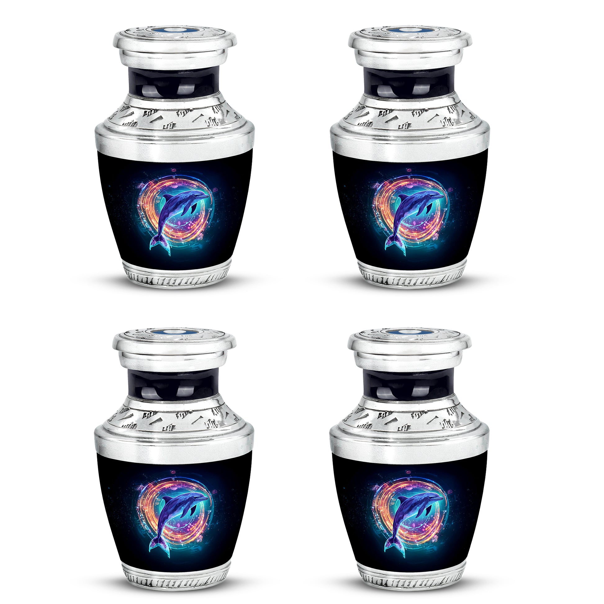 Charcoal Black Dolphin Cremation Urn back view with polished surface - artistic dolphin interpretation with creative detail - 10 inch aluminum urn for cremated remains