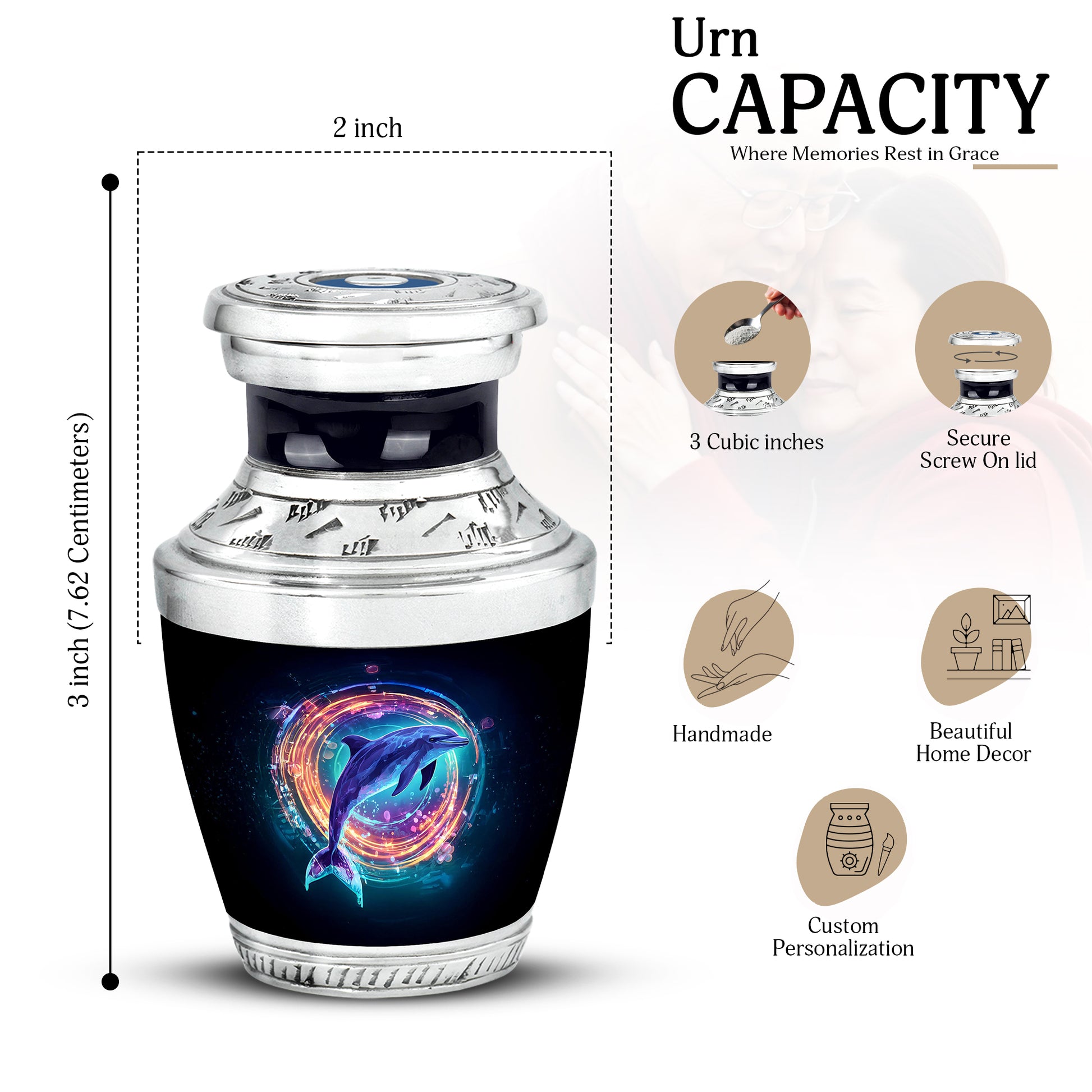 Deep Black Dolphin Cremation Urn top-down view of secure threaded lid - modern art-inspired dolphin motif on sleek aluminum - mini keepsake memorial for portion of cremation ashes