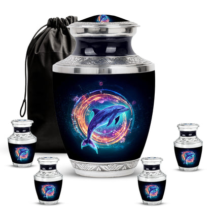 Dark Black Dolphin Cremation Urn lifestyle display on memorial shelf - artistic dolphin interpretation with creative detail - memorial set with one large and four small urns