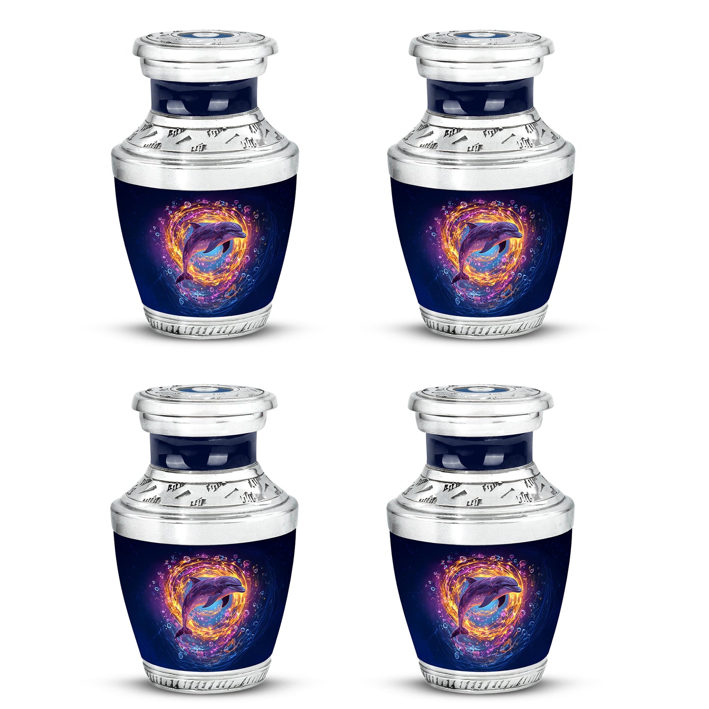 Indigo Dolphin Cremation Urn back view with polished surface - modern art-inspired dolphin motif on sleek aluminum - 10 inch aluminum urn for cremated remains
