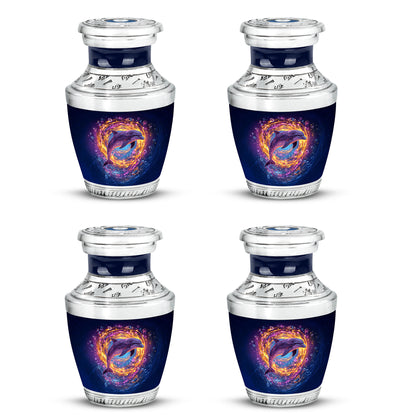 Indigo Dolphin Cremation Urn back view with polished surface - modern art-inspired dolphin motif on sleek aluminum - 10 inch aluminum urn for cremated remains