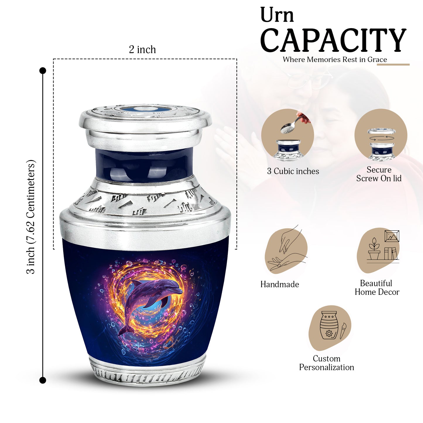 Calming Blue Dolphin Cremation Urn top-down view of secure threaded lid - artistic dolphin interpretation with creative detail - mini keepsake memorial for portion of cremation ashes