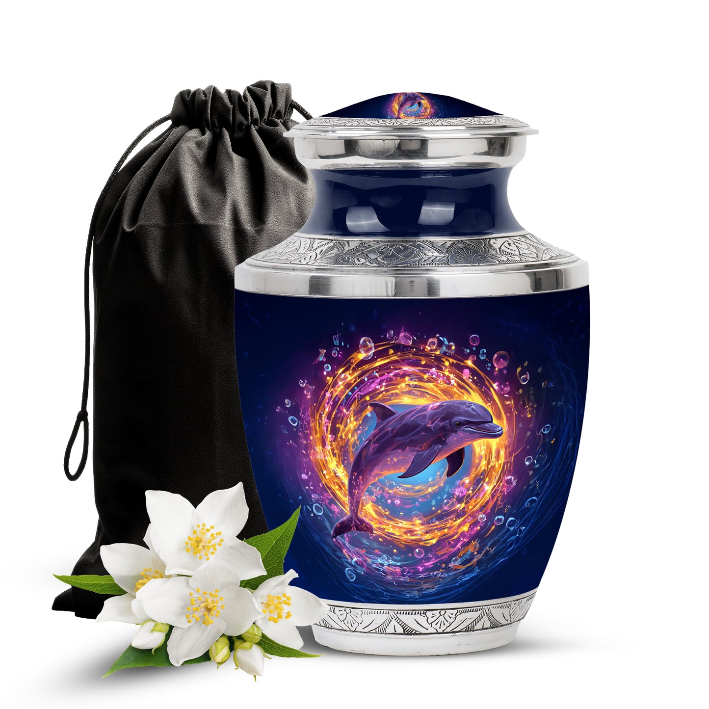 Azure Dolphin Cremation Urn side profile showing urn shape - contemporary dolphin design with modern artistic flair - full-size 10 inch 200 cubic inch adult cremation urn