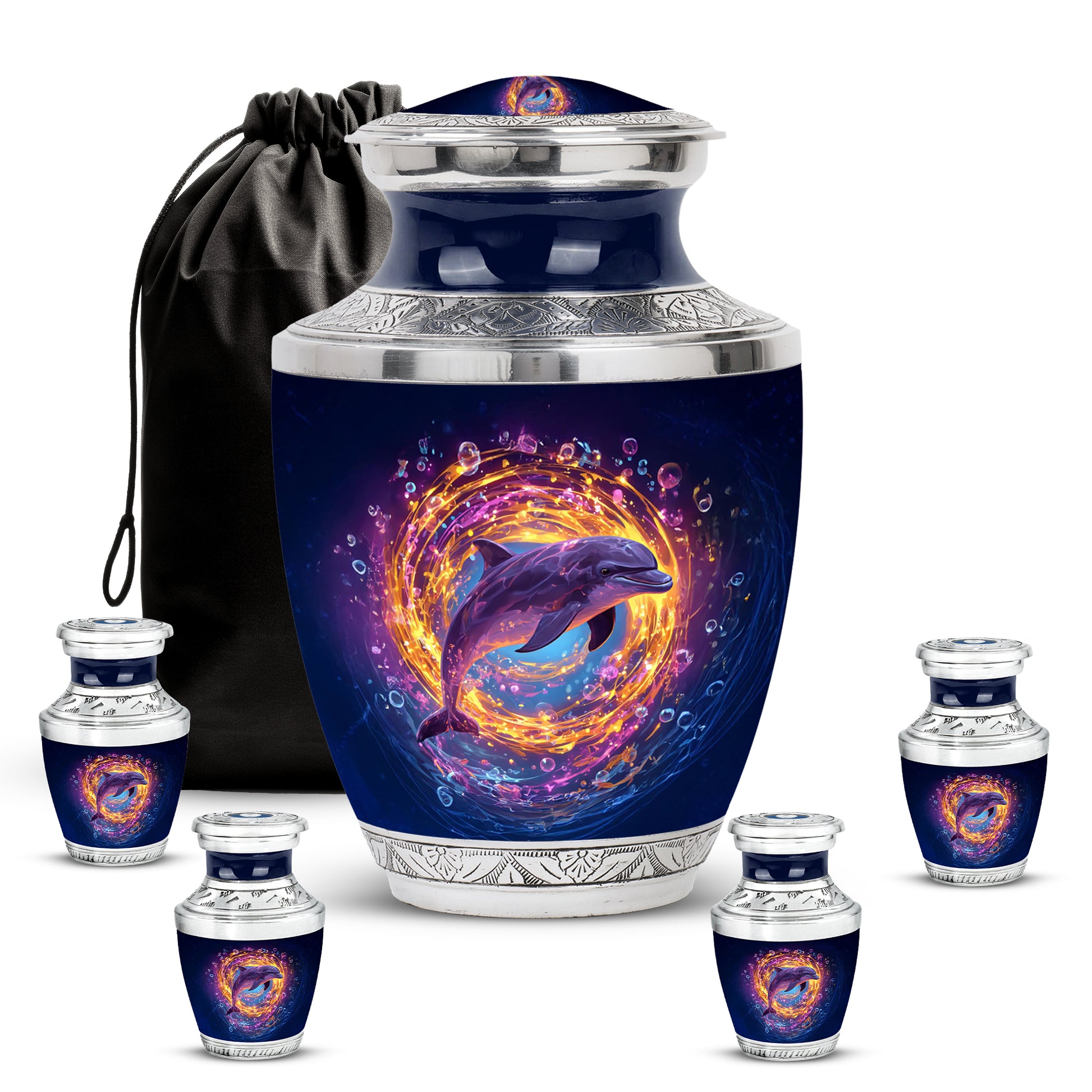 Calming Blue Dolphin Cremation Urn lifestyle display on memorial shelf - artistic dolphin interpretation with creative detail - memorial set with one large and four small urns