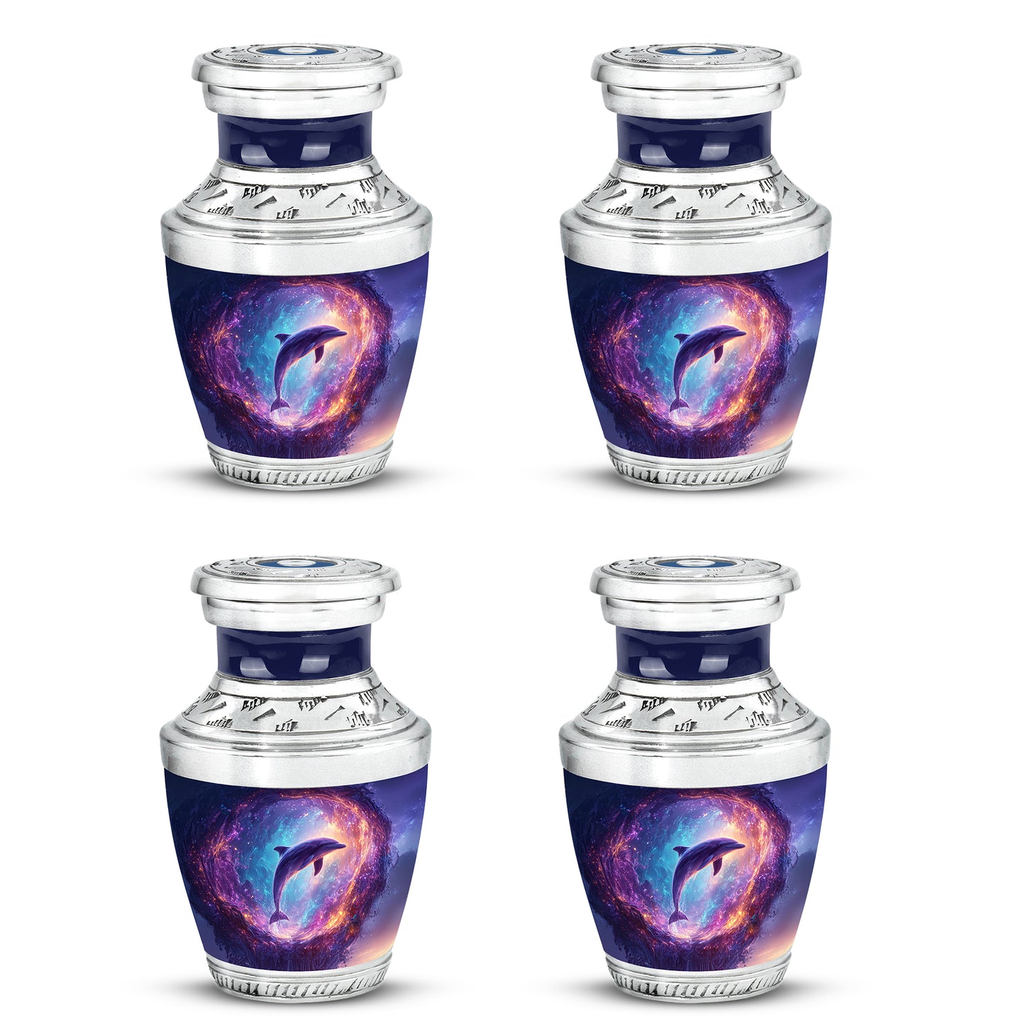 Bright Blue Dolphin Cremation Urn back view with polished surface - artistic dolphin interpretation with creative detail - 10 inch aluminum urn for cremated remains
