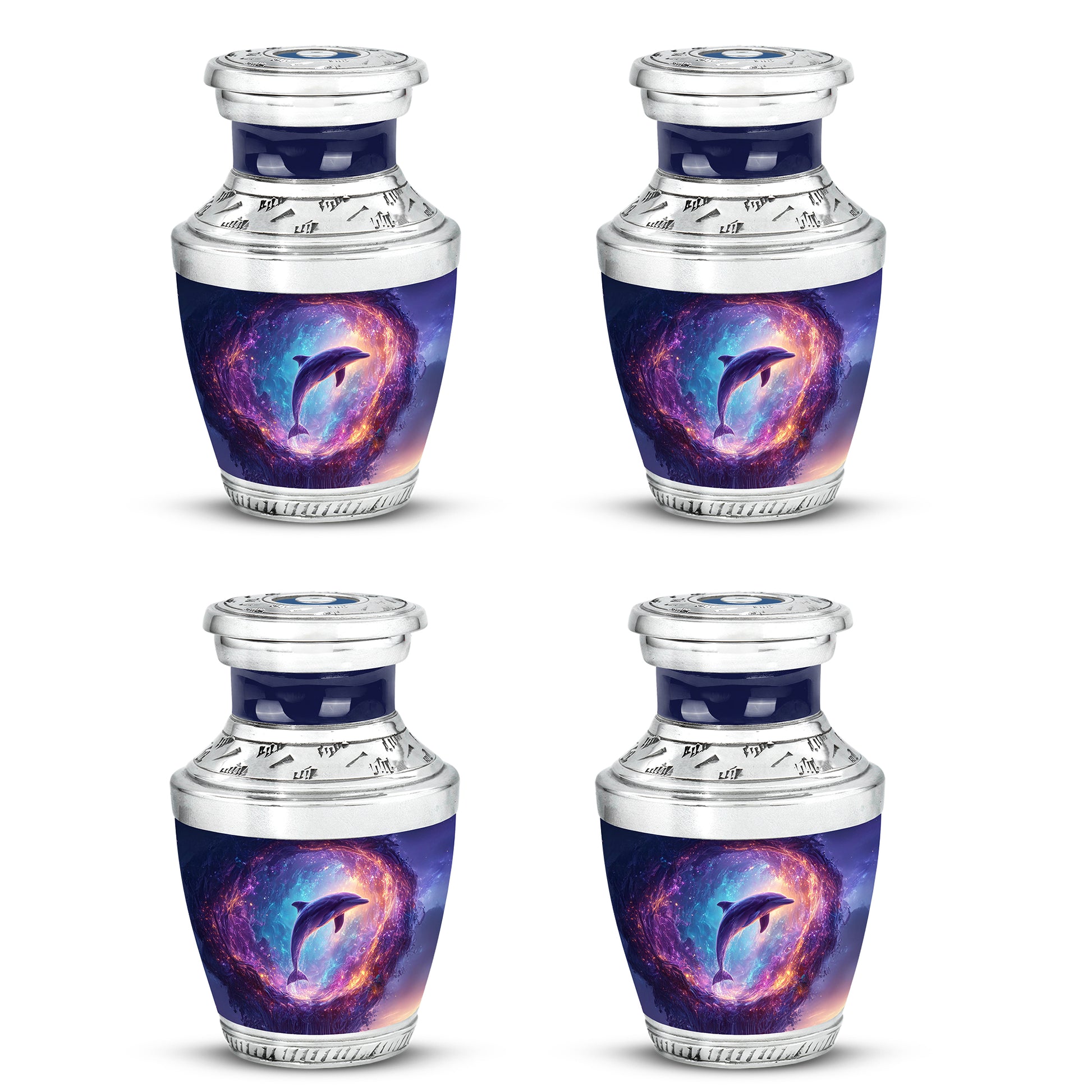 Bright Blue Dolphin Cremation Urn back view with polished surface - artistic dolphin interpretation with creative detail - 10 inch aluminum urn for cremated remains