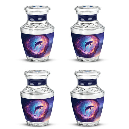 Bright Blue Dolphin Cremation Urn back view with polished surface - artistic dolphin interpretation with creative detail - 10 inch aluminum urn for cremated remains