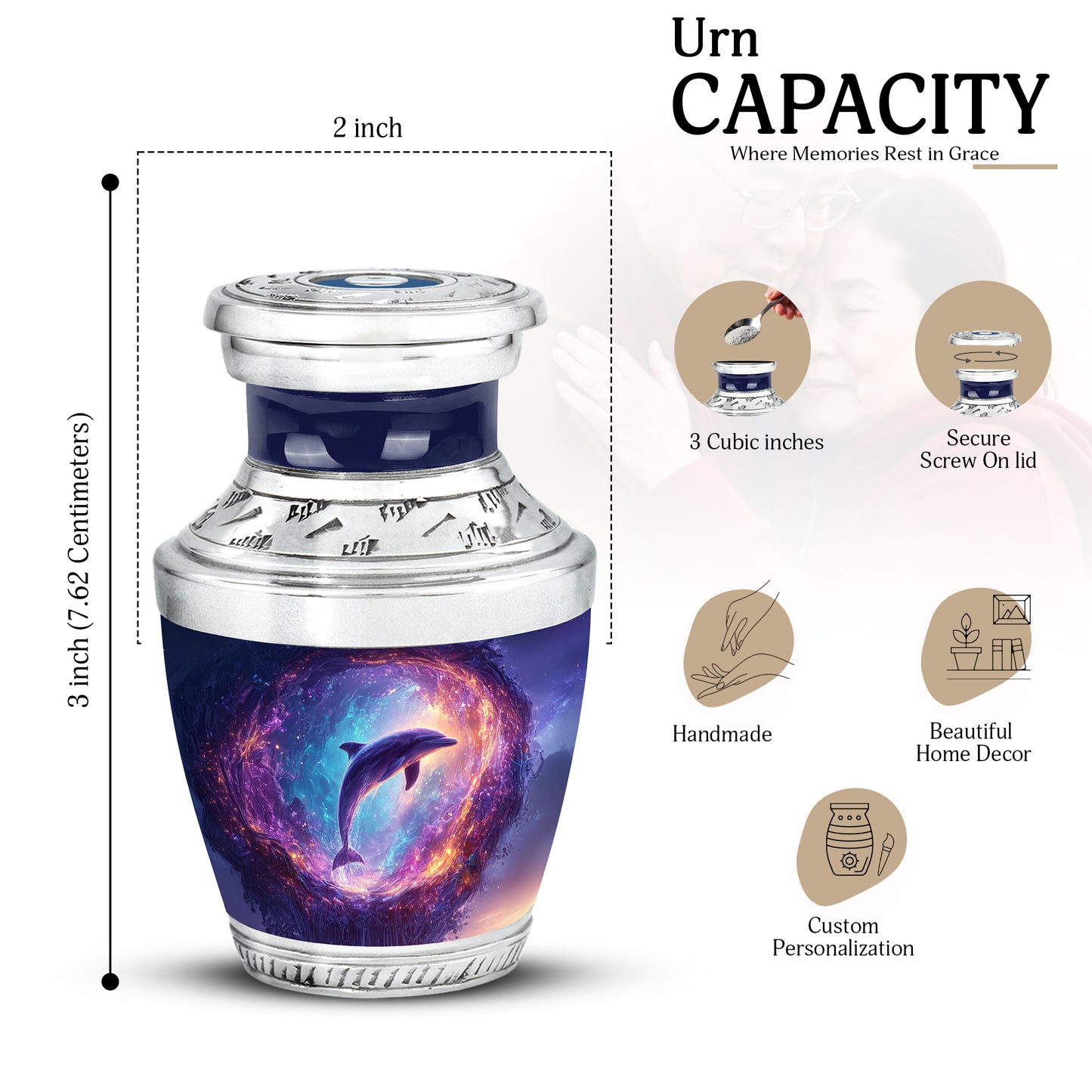 Indigo Dolphin Cremation Urn top-down view of secure threaded lid - contemporary dolphin design with modern artistic flair - mini keepsake memorial for portion of cremation ashes