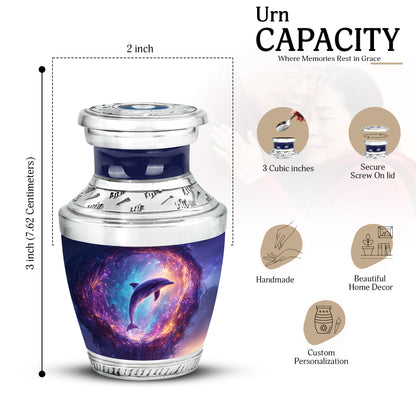 Indigo Dolphin Cremation Urn top-down view of secure threaded lid - contemporary dolphin design with modern artistic flair - mini keepsake memorial for portion of cremation ashes