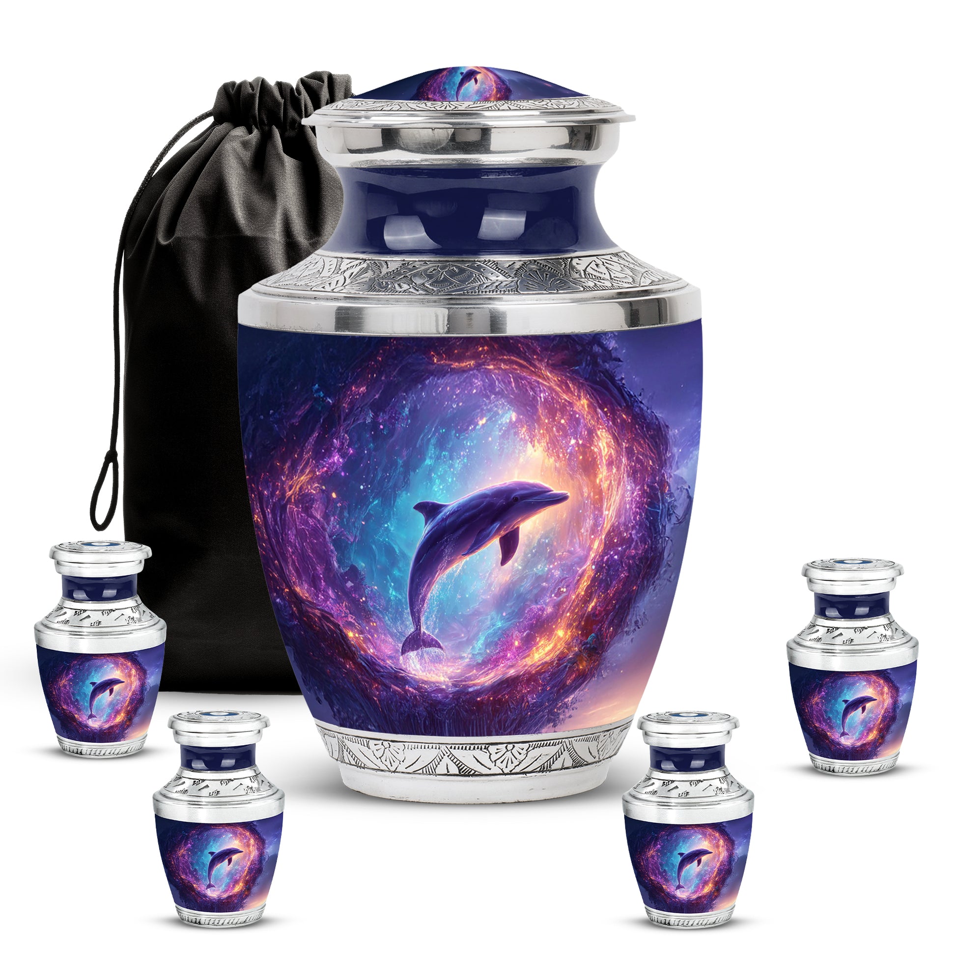 Vivid Blue Dolphin Cremation Urn lifestyle display on memorial shelf - stylized abstract dolphin pattern with bold lines - memorial set with one large and four small urns