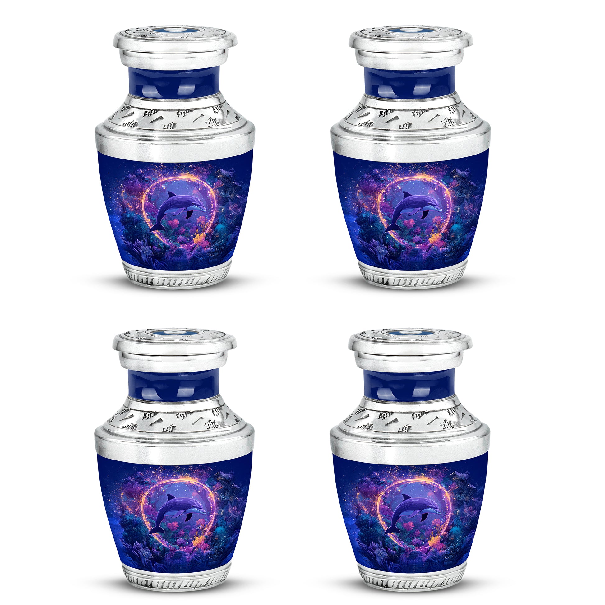 Celestial Blue Dolphin Cremation Urn back view with polished surface - modern art-inspired dolphin motif on sleek aluminum - 10 inch aluminum urn for cremated remains