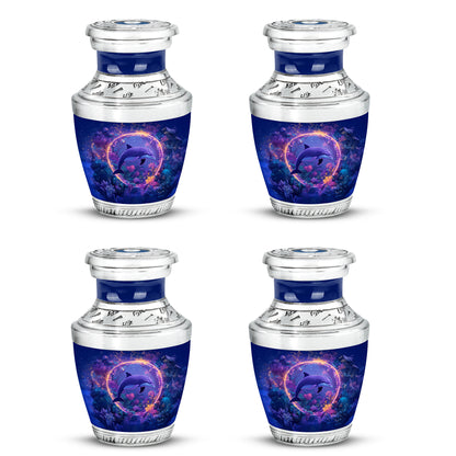 Celestial Blue Dolphin Cremation Urn back view with polished surface - modern art-inspired dolphin motif on sleek aluminum - 10 inch aluminum urn for cremated remains