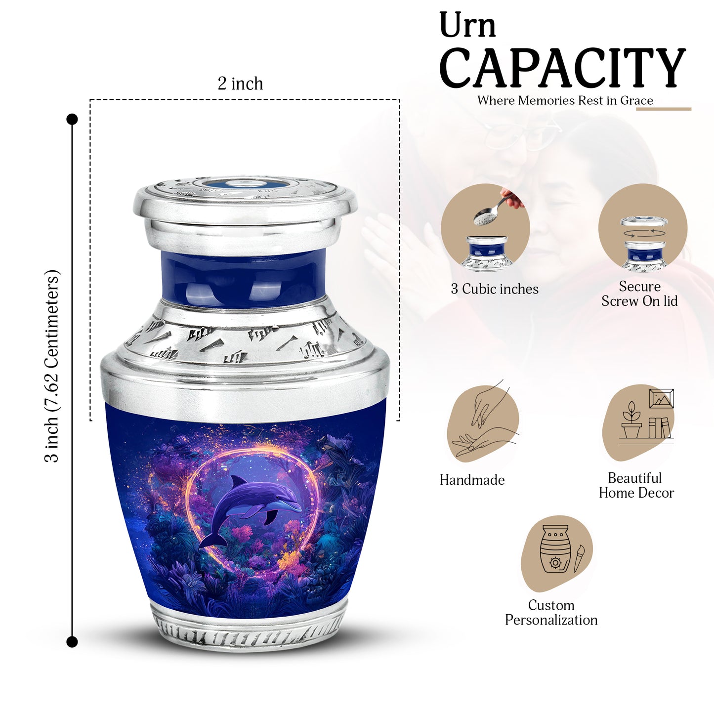 Sky Blue Dolphin Cremation Urn top-down view of secure threaded lid - modern art-inspired dolphin motif on sleek aluminum - mini keepsake memorial for portion of cremation ashes