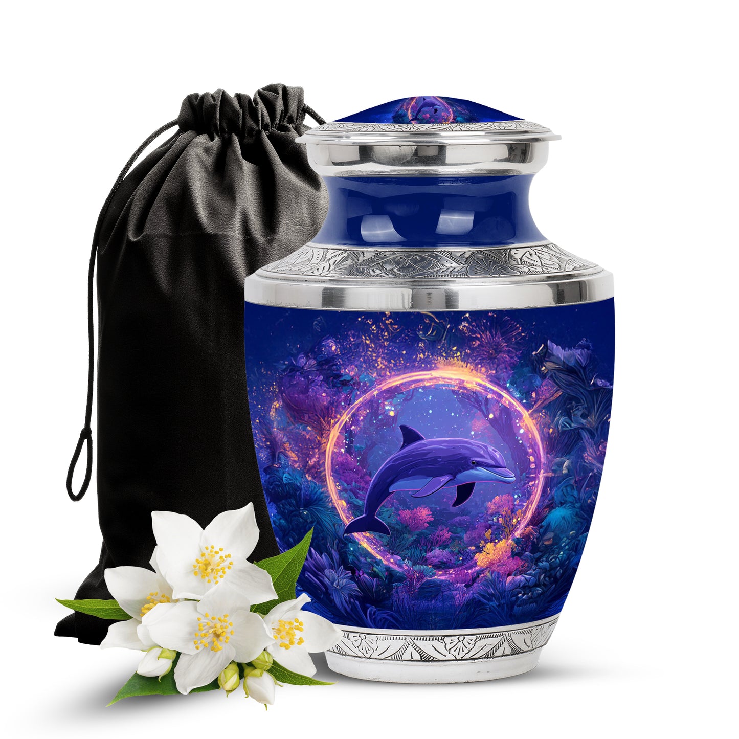 Indigo Dolphin Cremation Urn side profile showing urn shape - contemporary dolphin design with modern artistic flair - full-size 10 inch 200 cubic inch adult cremation urn