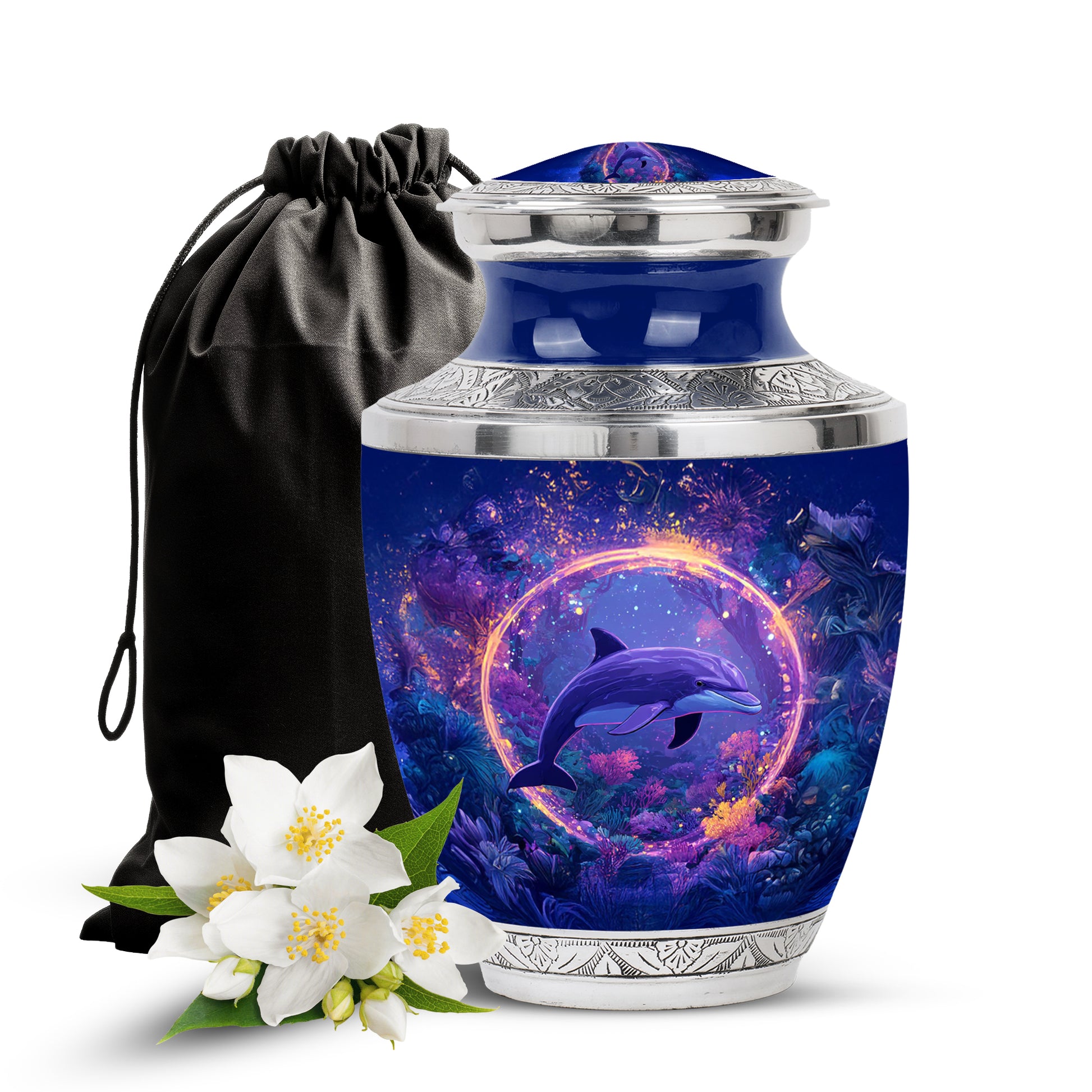 Indigo Dolphin Cremation Urn side profile showing urn shape - contemporary dolphin design with modern artistic flair - full-size 10 inch 200 cubic inch adult cremation urn
