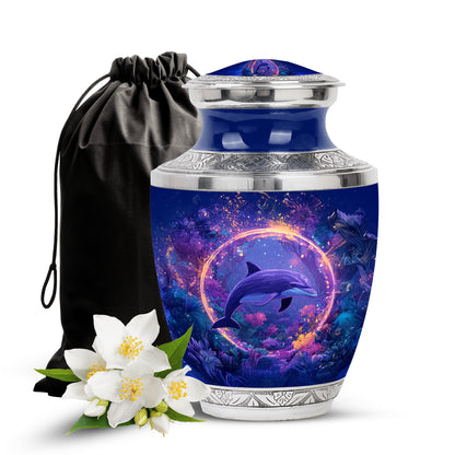 Indigo Dolphin Cremation Urn side profile showing urn shape - contemporary dolphin design with modern artistic flair - full-size 10 inch 200 cubic inch adult cremation urn