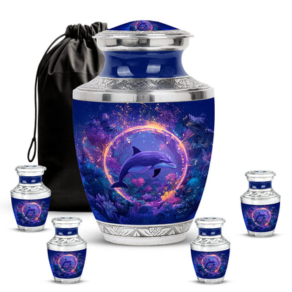 Dusty Blue Dolphin Cremation Urn lifestyle display on memorial shelf - modern art-inspired dolphin motif on sleek aluminum - memorial set with one large and four small urns