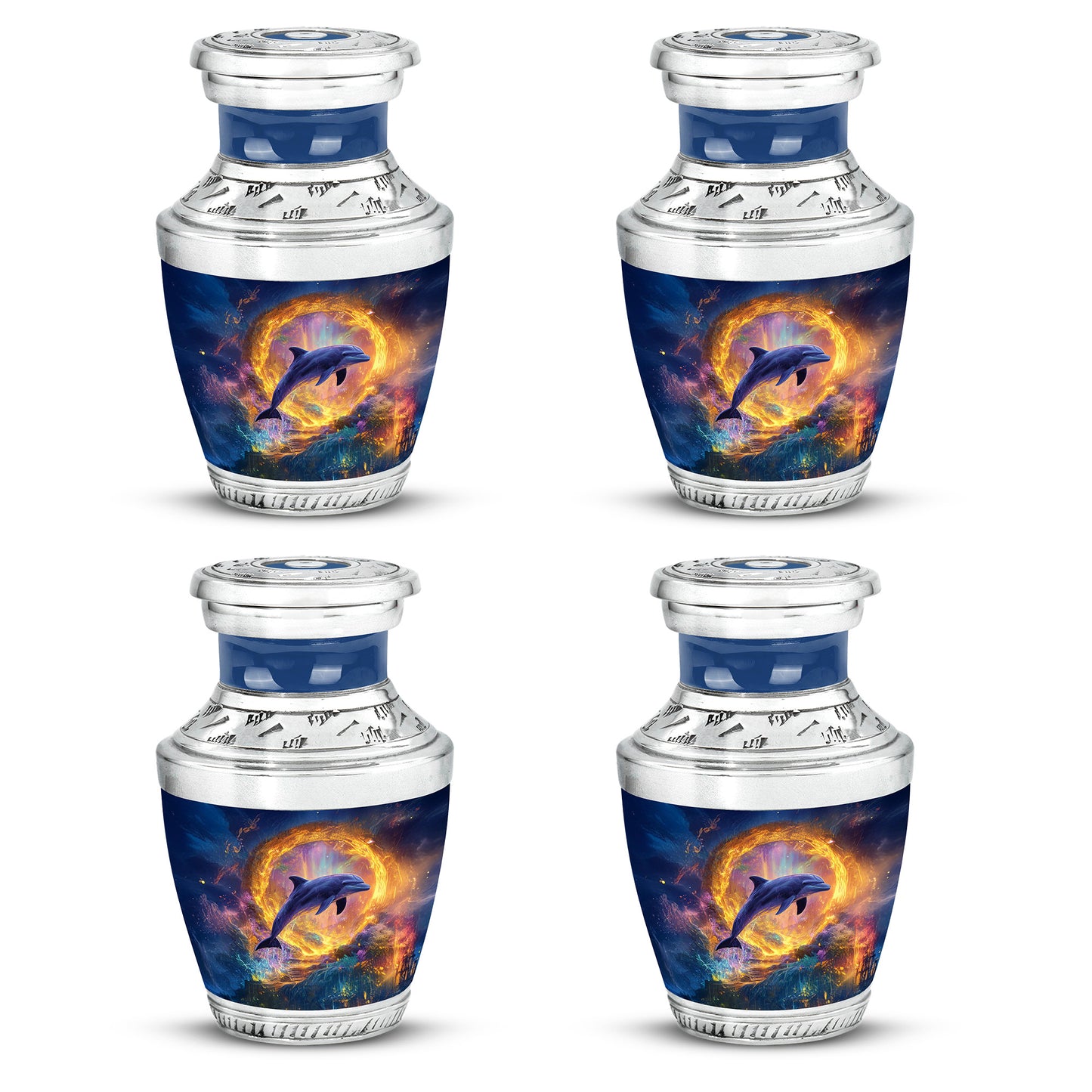 Misty Blue Dolphin Cremation Urn back view with polished surface - contemporary dolphin design with modern artistic flair - 10 inch aluminum urn for cremated remains