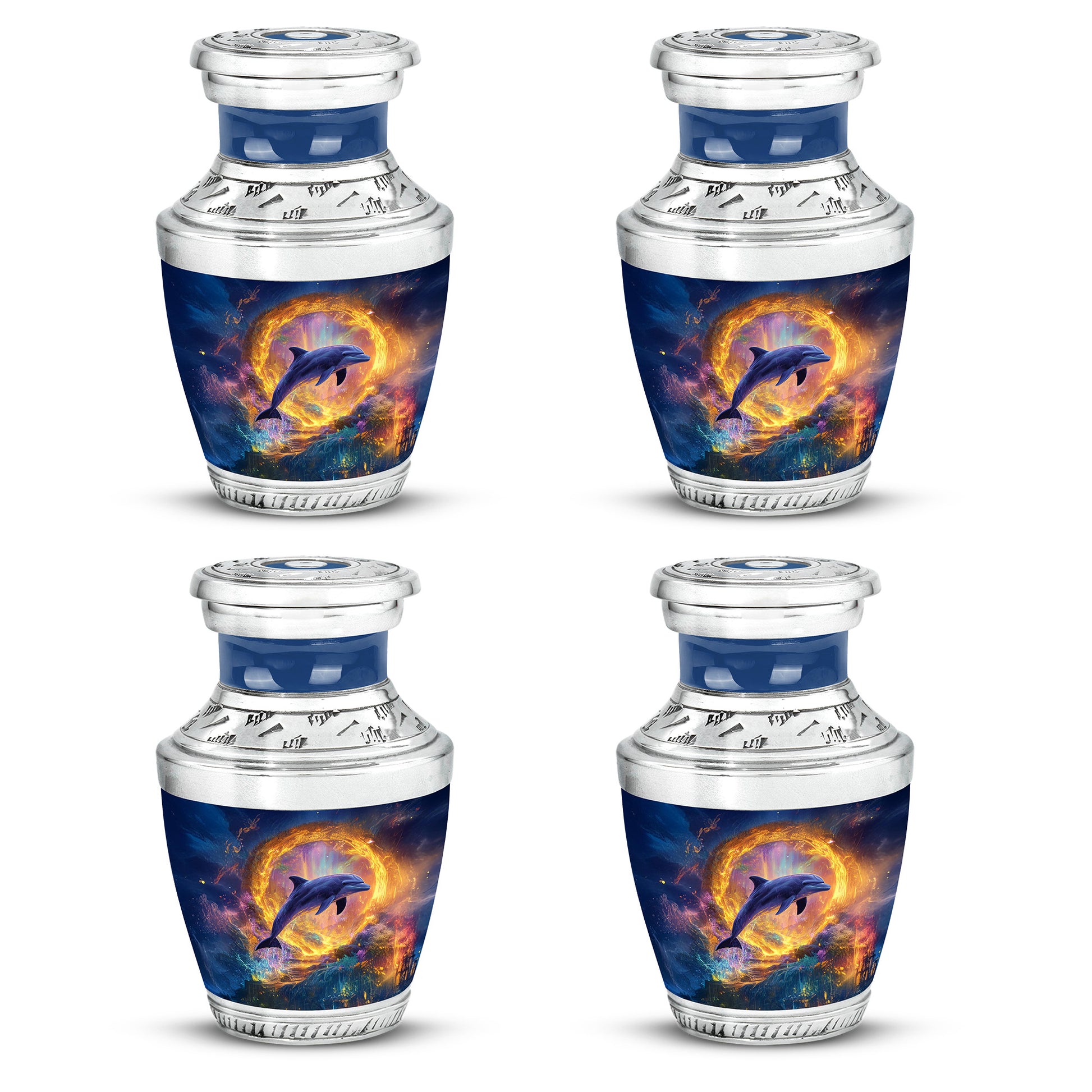 Misty Blue Dolphin Cremation Urn back view with polished surface - contemporary dolphin design with modern artistic flair - 10 inch aluminum urn for cremated remains