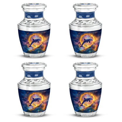 Misty Blue Dolphin Cremation Urn back view with polished surface - contemporary dolphin design with modern artistic flair - 10 inch aluminum urn for cremated remains