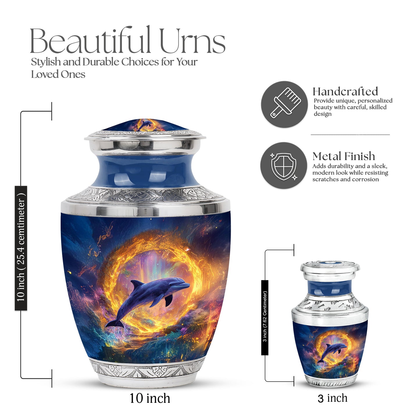 Cobalt Blue Dolphin Cremation Urn top-down view of secure threaded lid - artistic dolphin interpretation with creative detail - mini keepsake memorial for portion of cremation ashes