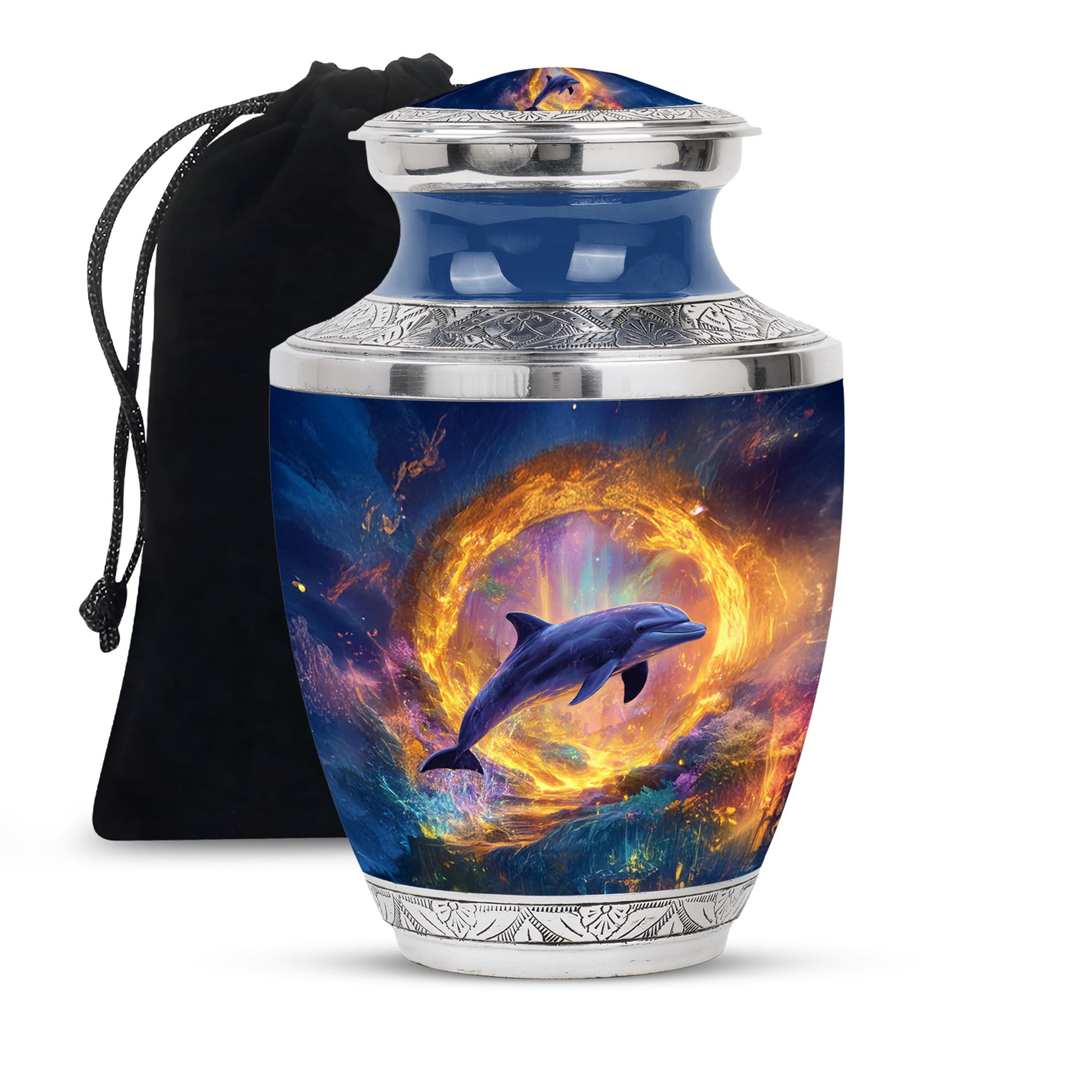 Pastel Blue Dolphin Cremation Urn side profile showing urn shape - contemporary dolphin design with modern artistic flair - full-size 10 inch 200 cubic inch adult cremation urn