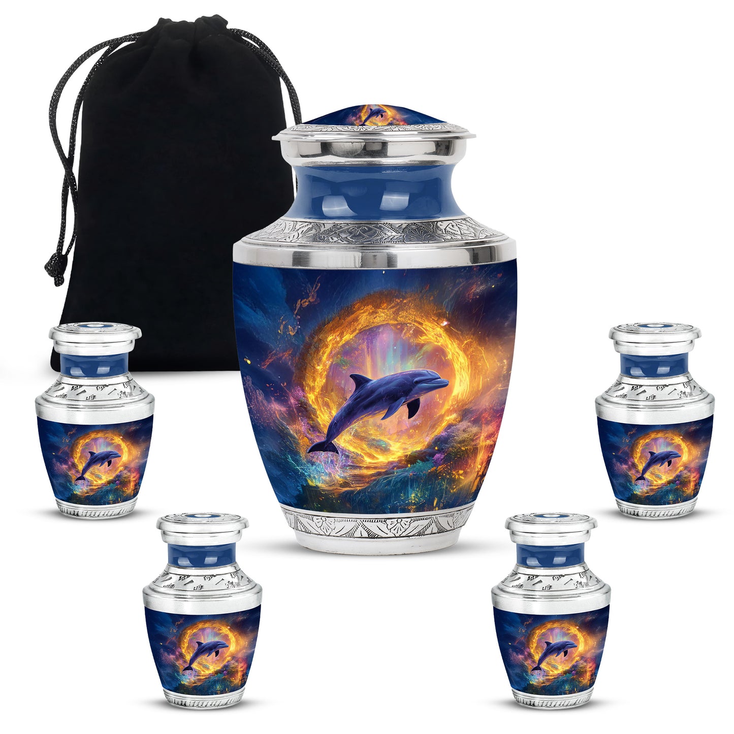 Powder Blue Dolphin Cremation Urn lifestyle display on memorial shelf - modern art-inspired dolphin motif on sleek aluminum - memorial set with one large and four small urns