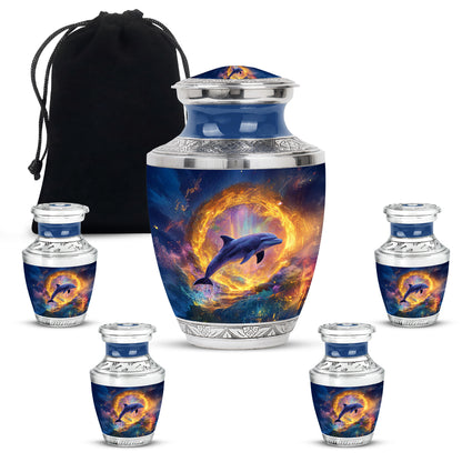 Powder Blue Dolphin Cremation Urn lifestyle display on memorial shelf - modern art-inspired dolphin motif on sleek aluminum - memorial set with one large and four small urns